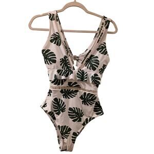 Cupshe White and Green Leaf Print One Piece Swimsuit